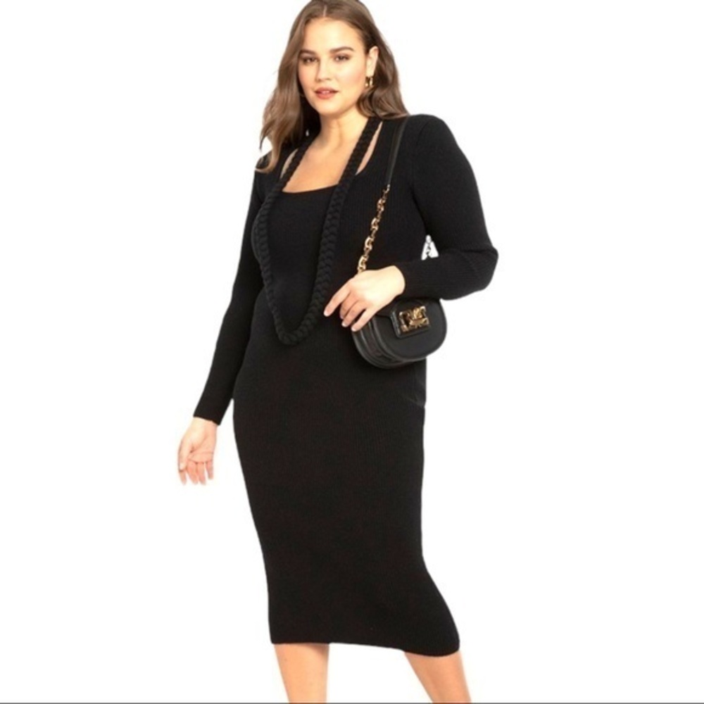 Eloquii 18/20 braided rope necklace fitted ribbed sweater midi dress long sleeve